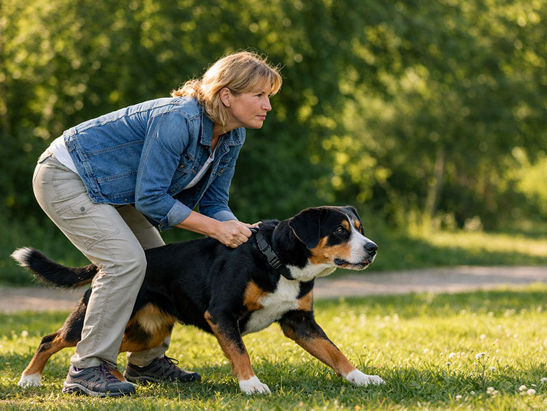 Hund hat Stress im Park, Mensch hält ihn zurück
